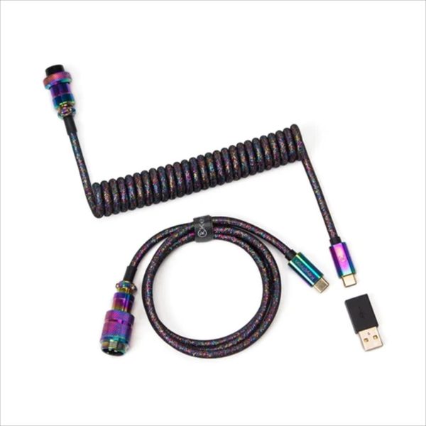KEYBOARD CABLE KEYCHRON COILED AVIATOR COLORFUL PREMIUM ANGLED (Type-C to Type-C) w/adapter type-A to Type-C, Rainbow black 08479
