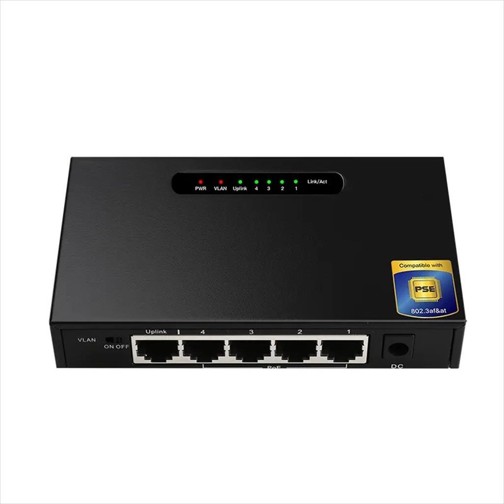 NET Switch DIEWU 5-port 10/100/1000, TXE194 MTK7530+PSE(DH2184), 4x1GPOE + 1xUplink, METAL BLACK 17457