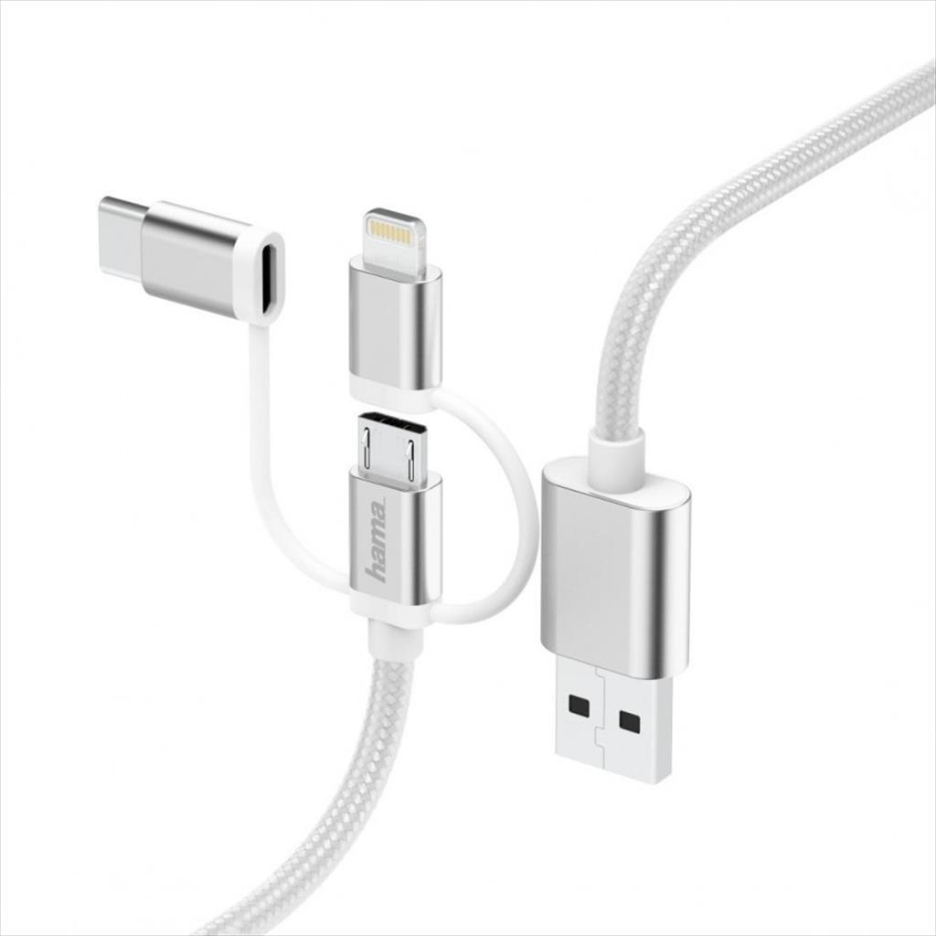 CABLES USB-A HAMA 3 in 1 micro USB, Lightning and USB type C, white 183306 13432