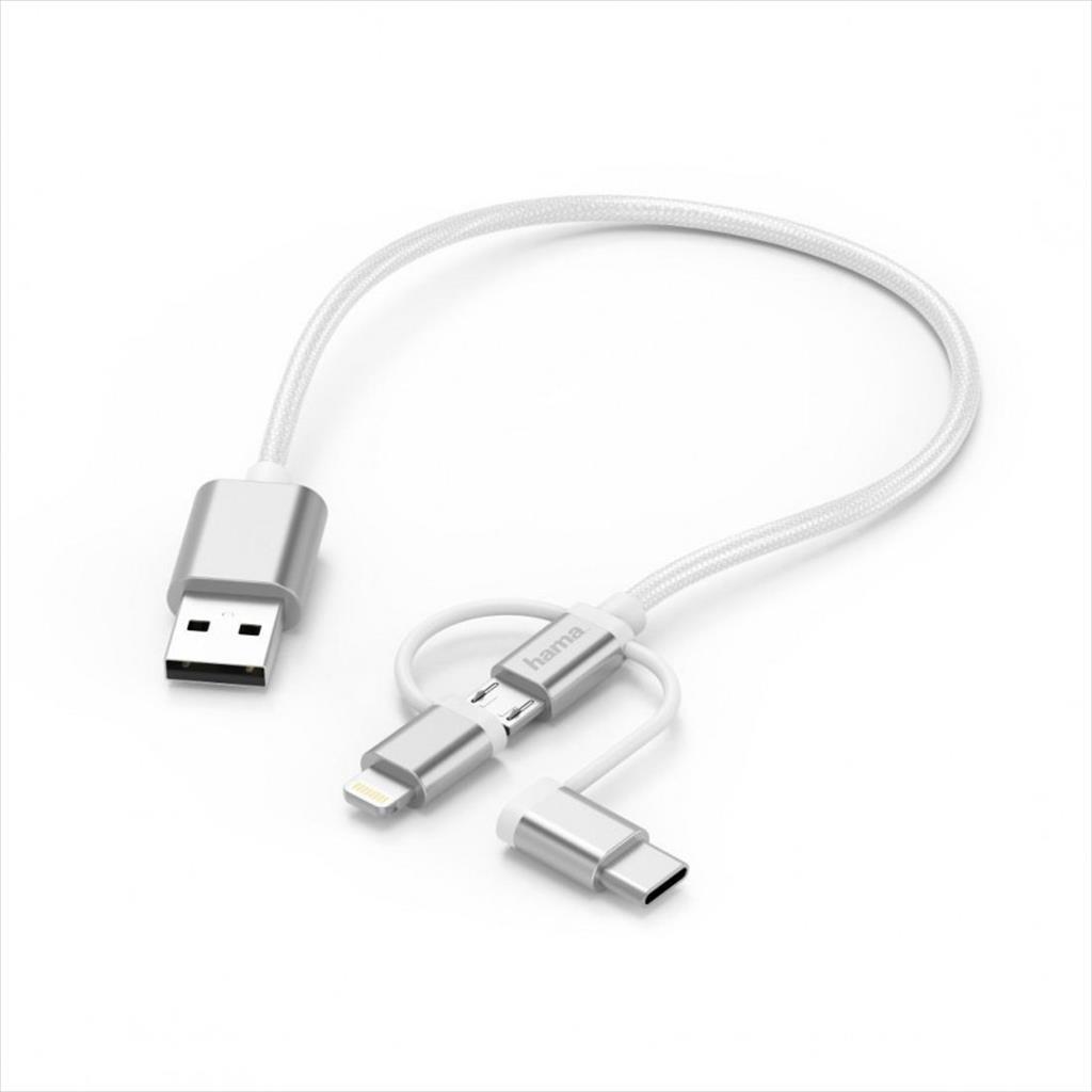 CABLES USB-A HAMA 3 in 1 micro USB, Lightning and USB type C, white 183306 13432