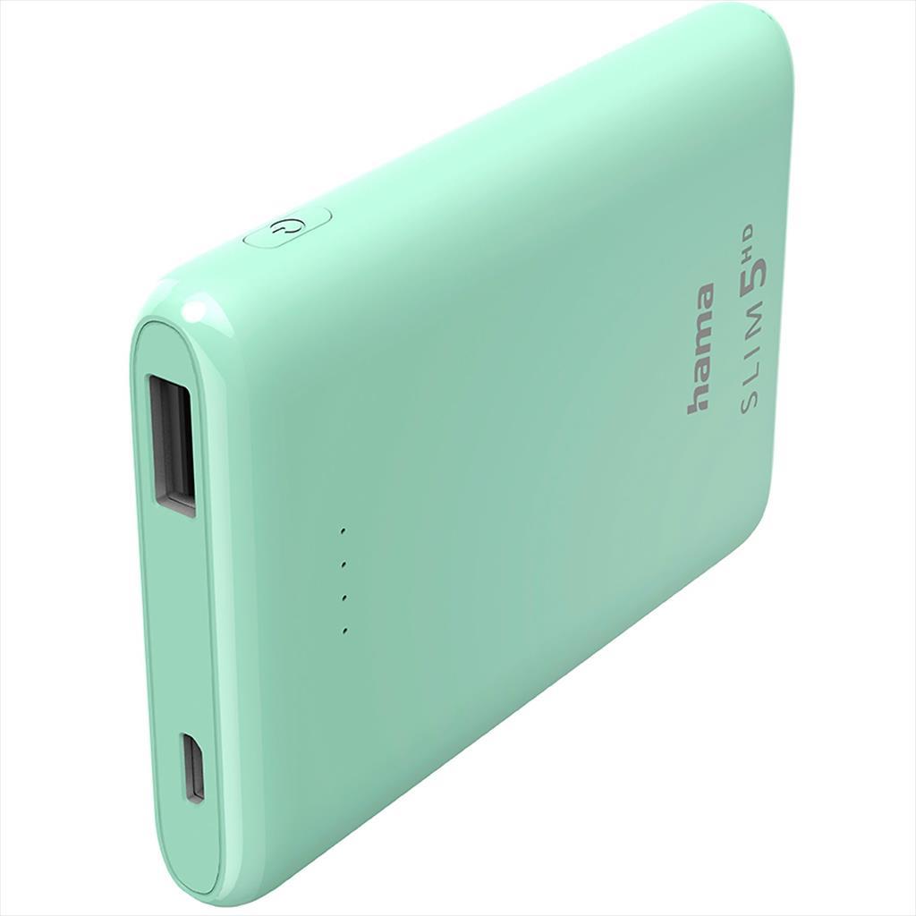 POWER BANK HAMA Slim 5HD 5000mAh 18.5W Input (Micro-USB), Output USB-A mint green, 201665 34081