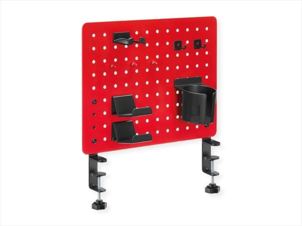 Gaming desk clamp mount pegboard, (3x pin magnet, 1x cup holder, 2x hook, 2x gaming controller hook, 1x headphone hook), red