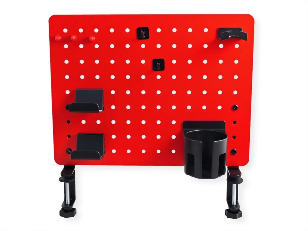 GAMING DESK CLAMP MOUNT PEGBOARD, (3x Pin Magnet, 1x Cup Holder, 2x Hook, 2x Gaming Controller Hook, 1x Headphone Hook), RED 56333