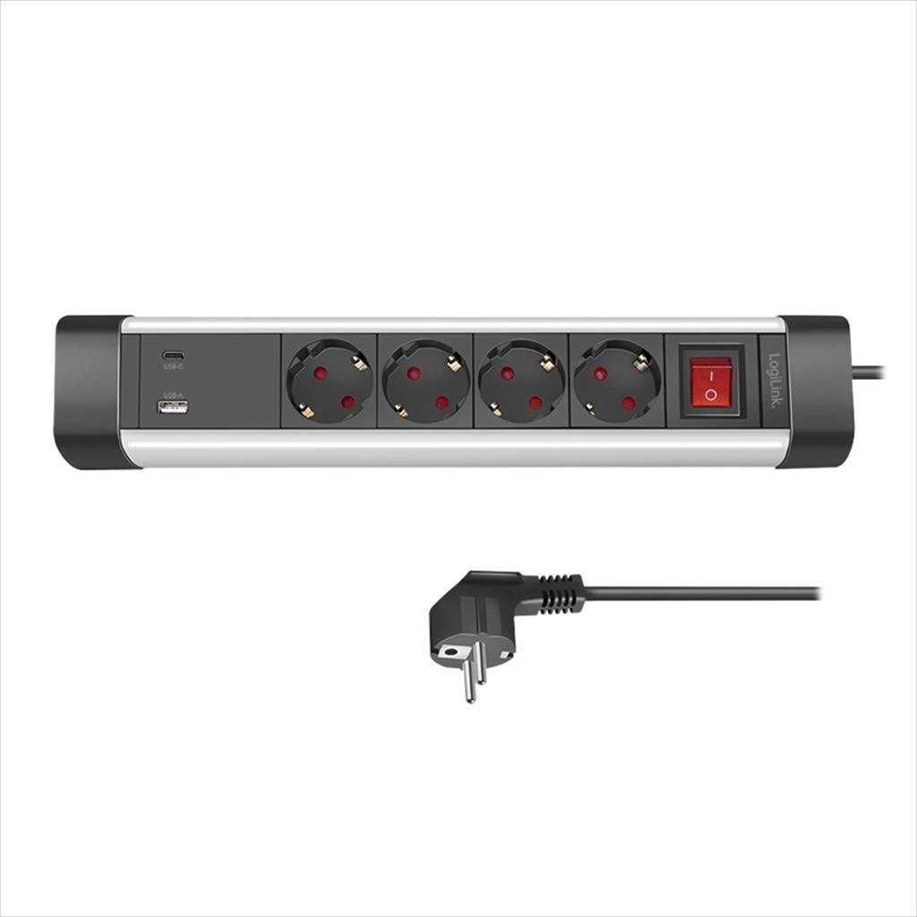 CABLES EXTENSION LOGILINK 1,5m, 4xSHUKO, 1xUSB A, 1x Type C(Fast chagre 20W), 3x1,5mm, aluminium, w/ON/OFF switch, desk holder 13544