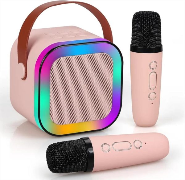 Speakers bluetooth extralink mini karaoke set for kids, x2 mics+speaker rgb, (bt, aux, sd card) pink