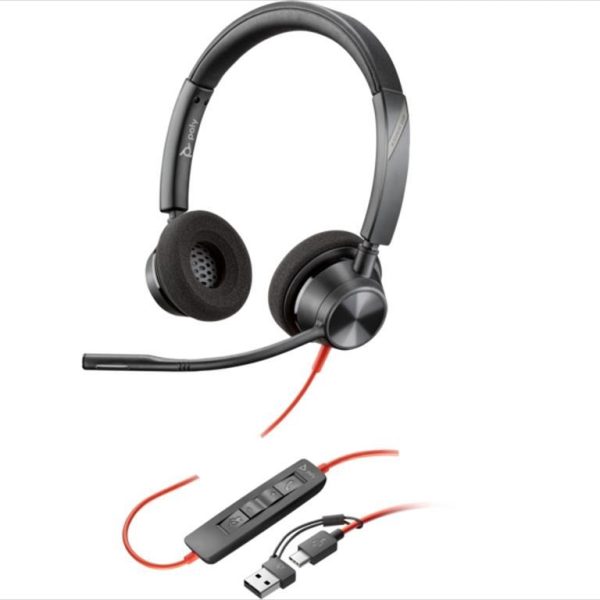 HEADPHONES POLY Blackwire 3320 w/microphone,USB-C + USB-C/A Adapter  8X219AA