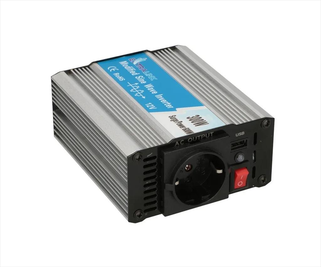 CAR POWER VOLTAGE CONVERTER EXTRALINK OPIM-300W 12V>230V 300W/600W, w/USB ,EX.18037