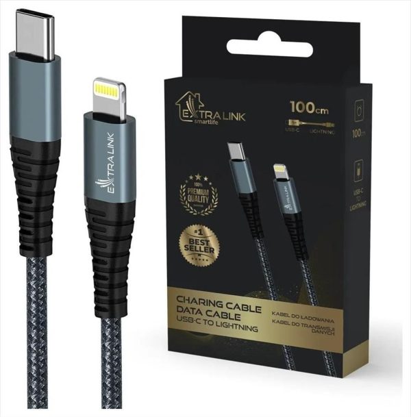 Cables usb type-c to lightning 1m, extralink smart life 27w,  black
