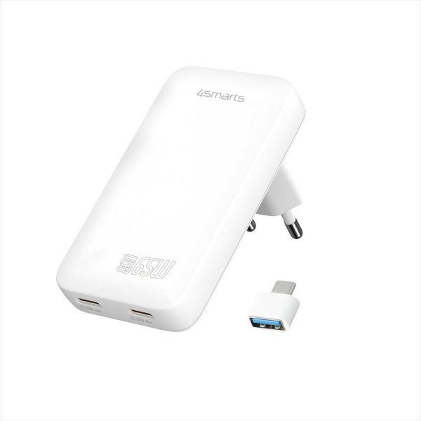 PHONE CHARGER 4SMARTS GaN FlatPlug Slim 2x Type-C 65W w/ USB-C to USB-A adapter, (no cable included), White
