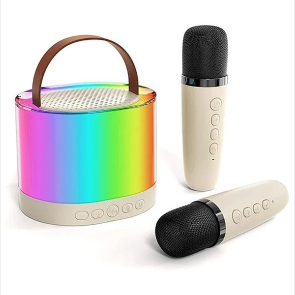 SPEAKERS BLUETOOTH EXTRALINK KIDS KARAOKE SET, x2 MICS+SPEAKER RGB MULTI COLOR, (BT, AUX, SD CARD) BEIGE