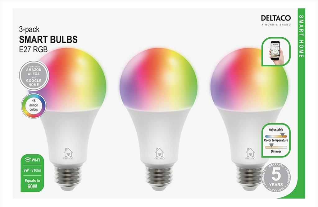LED BULB SMART DELTACO E27 RGB, 9W, 810lm, DIMMABLE White, 3-pack SH-LE27RGB-3P - Image 2