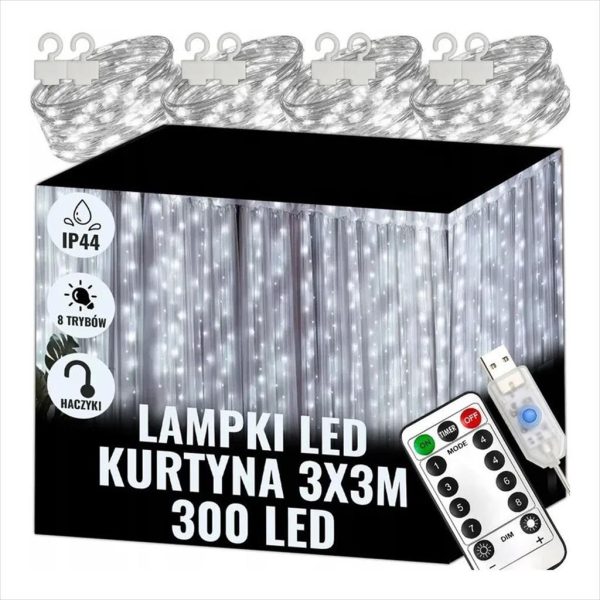 LED LIGHT CURTAIN EXTRALINK 3x3m, 300x LED, cold white, 8 modes, EX.95405