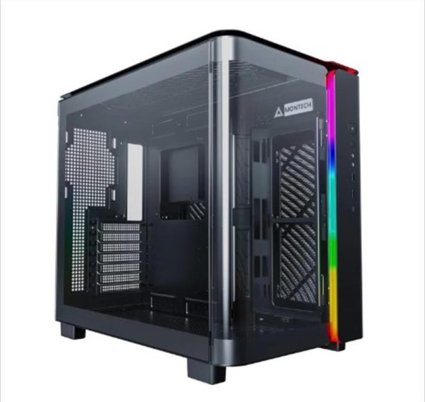 Case montech atx mid-tower king 95, x2 tempered glass (one curved) + mesh option, with argb stripe, black, king95b