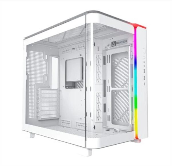 Case montech atx mid-tower king 95, x2 tempered glass (one curved) + mesh option, with argb stripe, white, king95w