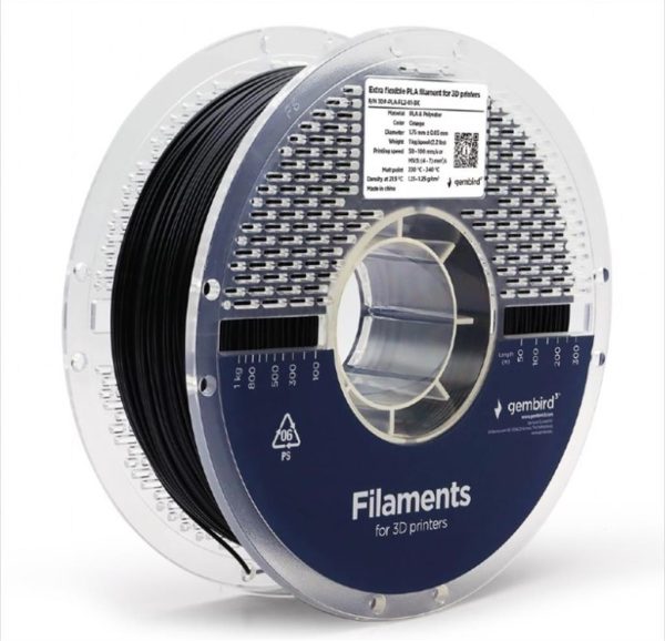 Filament for 3d printer pla extra flexible 1,75mm 1kg gembird black, 3dp-pla-fl2-01-bk