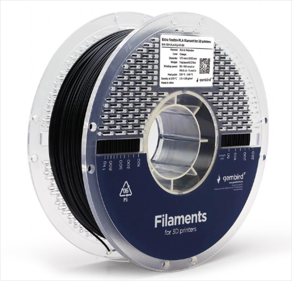 FILAMENT FOR 3D PRINTER PLA EXTRA FLEXIBLE 1,75mm 1kg GEMBIRD Black, 3DP-PLA-FL2-01-BK