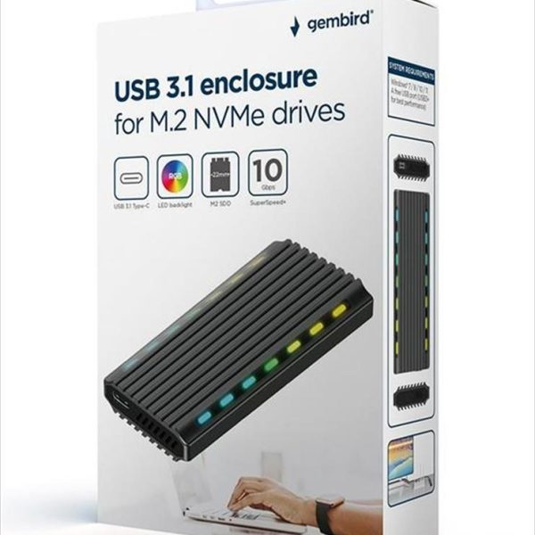 ENCLOSURE SSD USB 3.1 Type-C GEMBIRD for NVMe RGB aluminium, EE2280-U3C-03