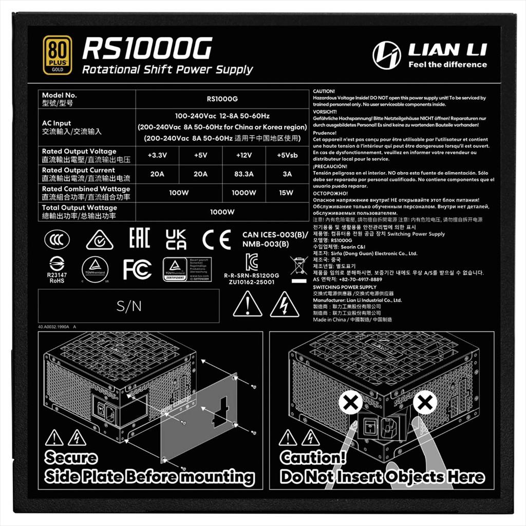 PSU 1000W LIAN LI GOLD RS1000G 80+ GOLD ATX 3.1, 90 deg. AC INLET, FULL MODULAR BLACK, RS1000G.B000 - Image 3