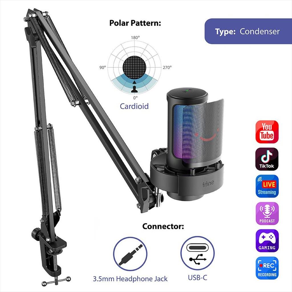 MICROPHONE FIFINE A8T RGB, w/ARM, USB Type-C, 2.0m cable, Black, A8T - Image 2