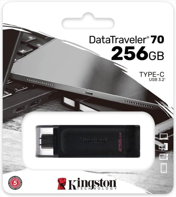 Usb flash drive type-c 256gb kingston data traveler 70 (usb 3.2 gen 1 speeds), black, dt70/256gb