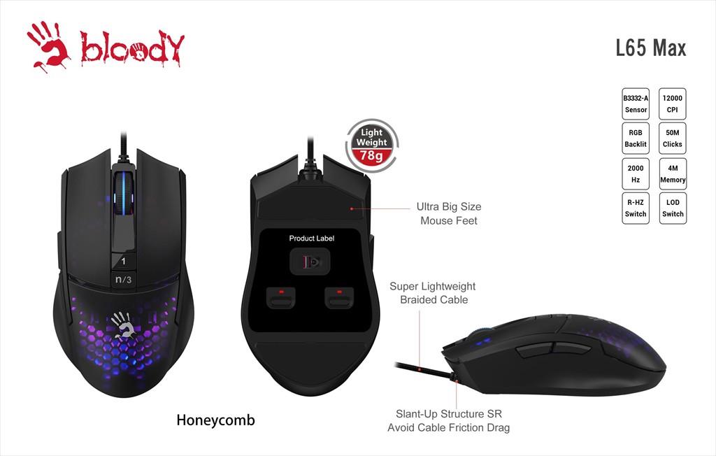MOUSE WIRED A4TECH Bloody Gaming, L65 Max Honeycomb , RGB, USB, 12000CPI, Black - Image 2