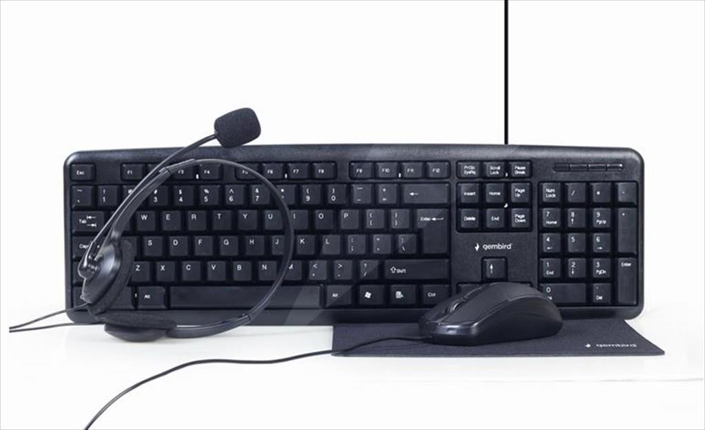 COMBO KEYBOARD MOUSE MOUSEPAD HEADPHONES WIRED GEMBIRD, Black, KBS-UO4-01