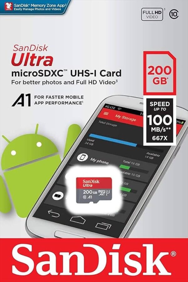 Memory card sandisk micro-sdxc uhs-i 200gb ultra a1c10 w/adapter 100mb/s sdsquar-200g-gn6ma