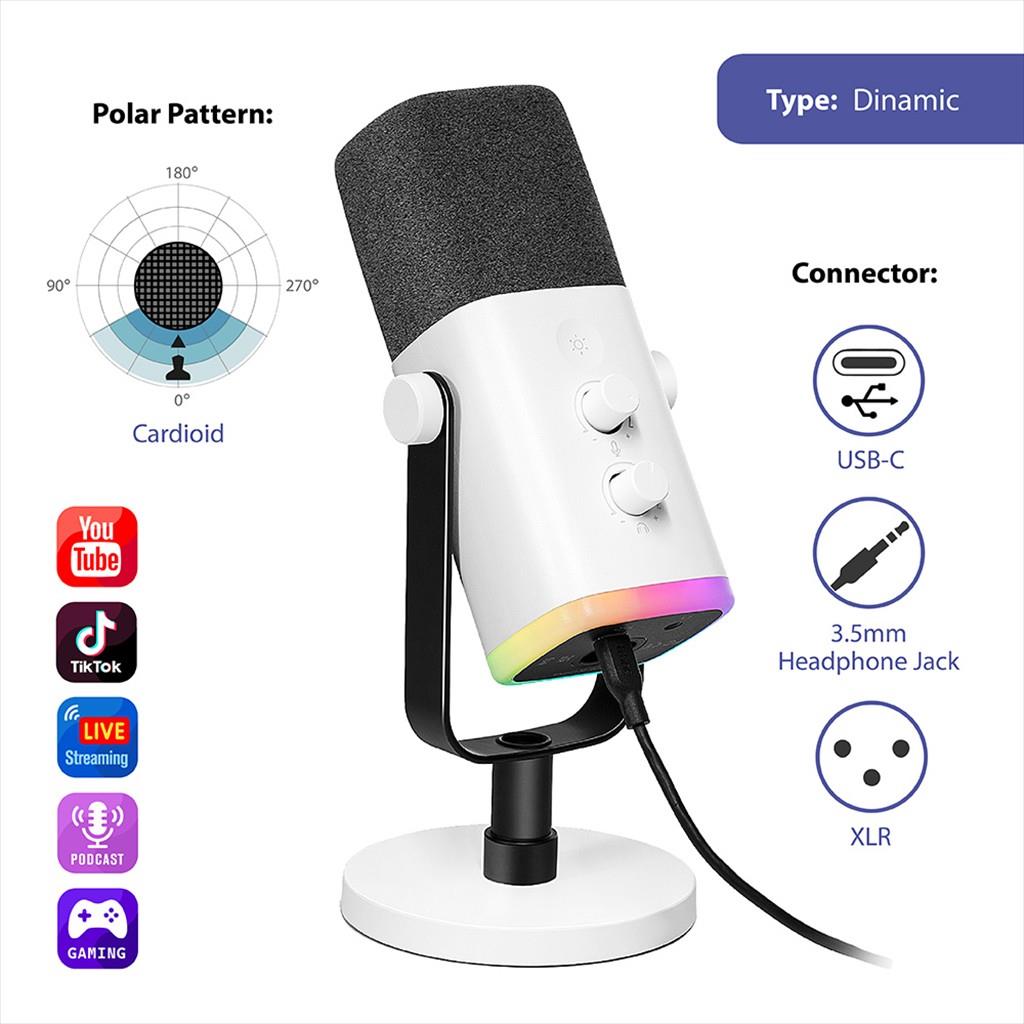 MICROPHONE FIFINE AМ8 RGB, USB Type-C, XLR-female to 6.35mm male, 2.0m cable, White, AМ8W - Image 3