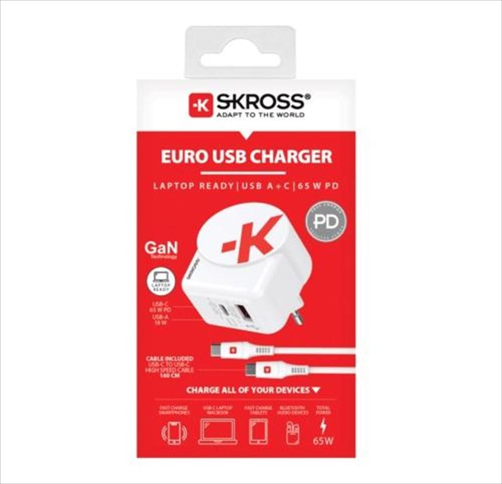 PHONE CHARGER SKROSS AC65PD EURO, 1x USB-A, 1x USB-C port (can charge laptop) type-c cable included - Image 2